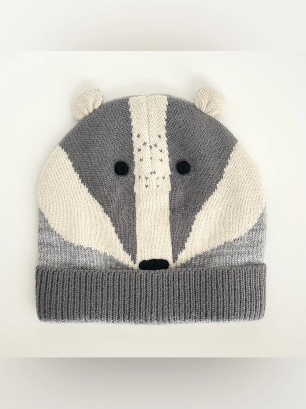 Mini Boden Kid's Badger Animal Knit Beanie Hat Gray Whimsical Forest Friends